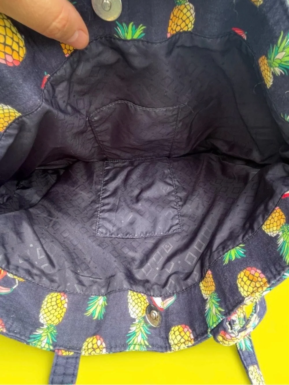 Vera Bradley Navy Quilted Tote with Yellow Pineapple Print
